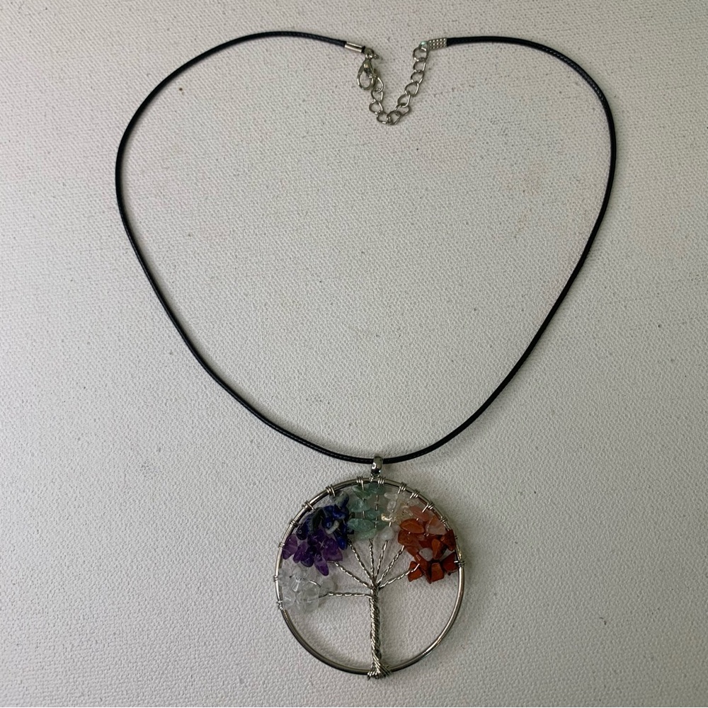 7 Chakra Stone Crystal Tree of Life Wire Wrapped Pendant Necklace Silver Tone 2" - Picture 4 of 7